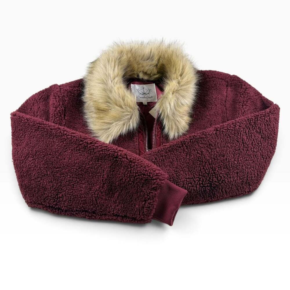 Burgundy Teddy Sherpa Jacket with Faux Fur Collar - Large